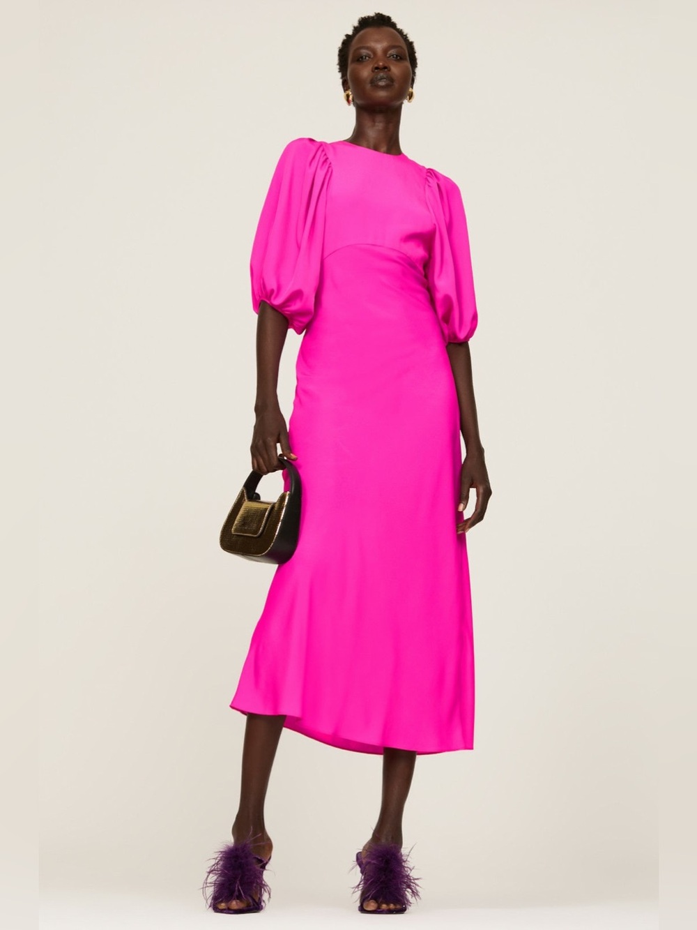 Les Rêveries Hot Pink Puff Sleeve Maxi Dress Size 4 Made in USA